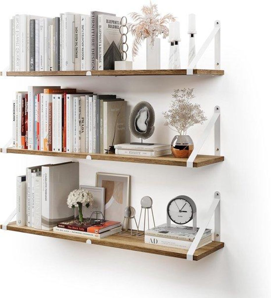 Famanu Set von 3 rustikalen Wandregalen aus Holz mit Metallhalterung - verschiedene Farben