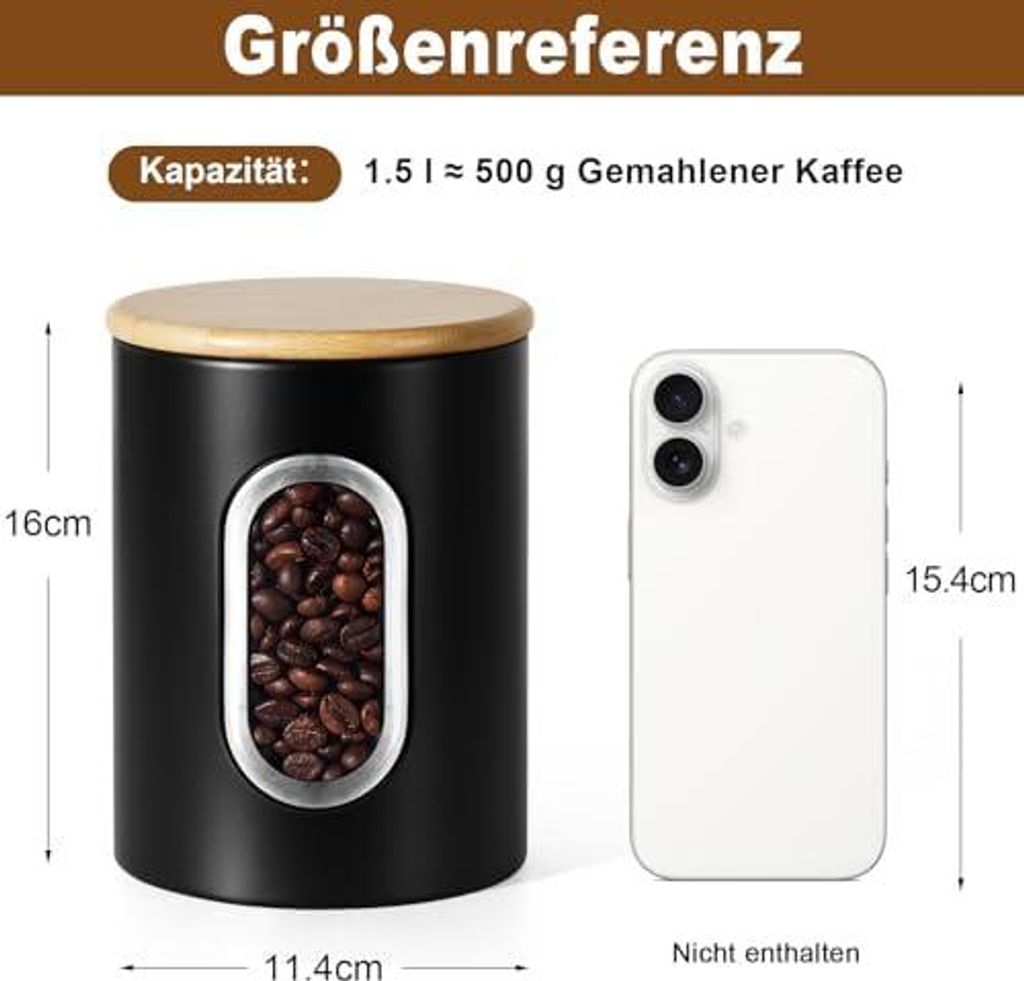 Kaffeedose, 500g / 1,5 l Kaffeebehälter für Kaffeebohnen, gemahlenen Kaffee, Kaffeekapseln, Kaffeepads, Kaffee Aufbewahrung, Vorratsdosen schwarz...