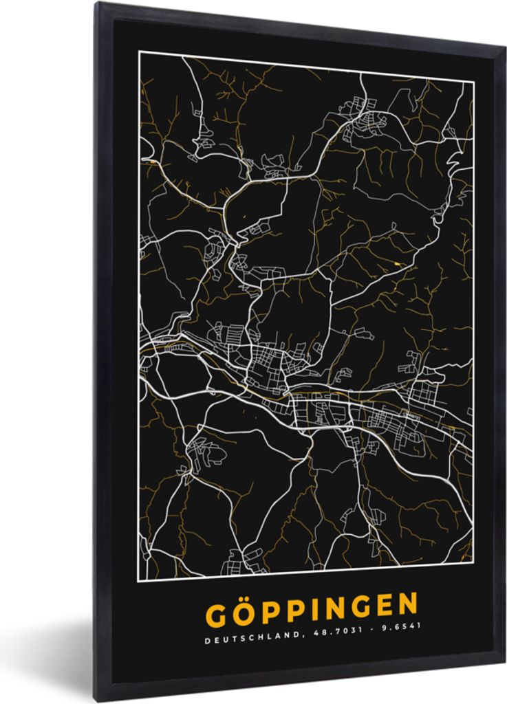 MuchoWow Gerahmtes Poster Göppingen - Stadtplan - Deutschland - Karte - Gold 40x60 cm - Poster mit Schwarzem Bilderrahmen Wandposter Rahmen Foto...
