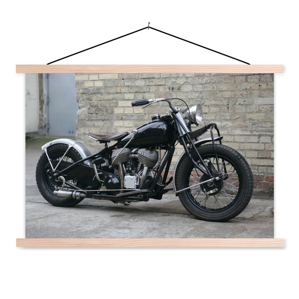MuchoWow Textilposter Seitenansicht eines antiken Motorrads 120x80 cm mit holzfarbenen Rahmen - Aufhängeset