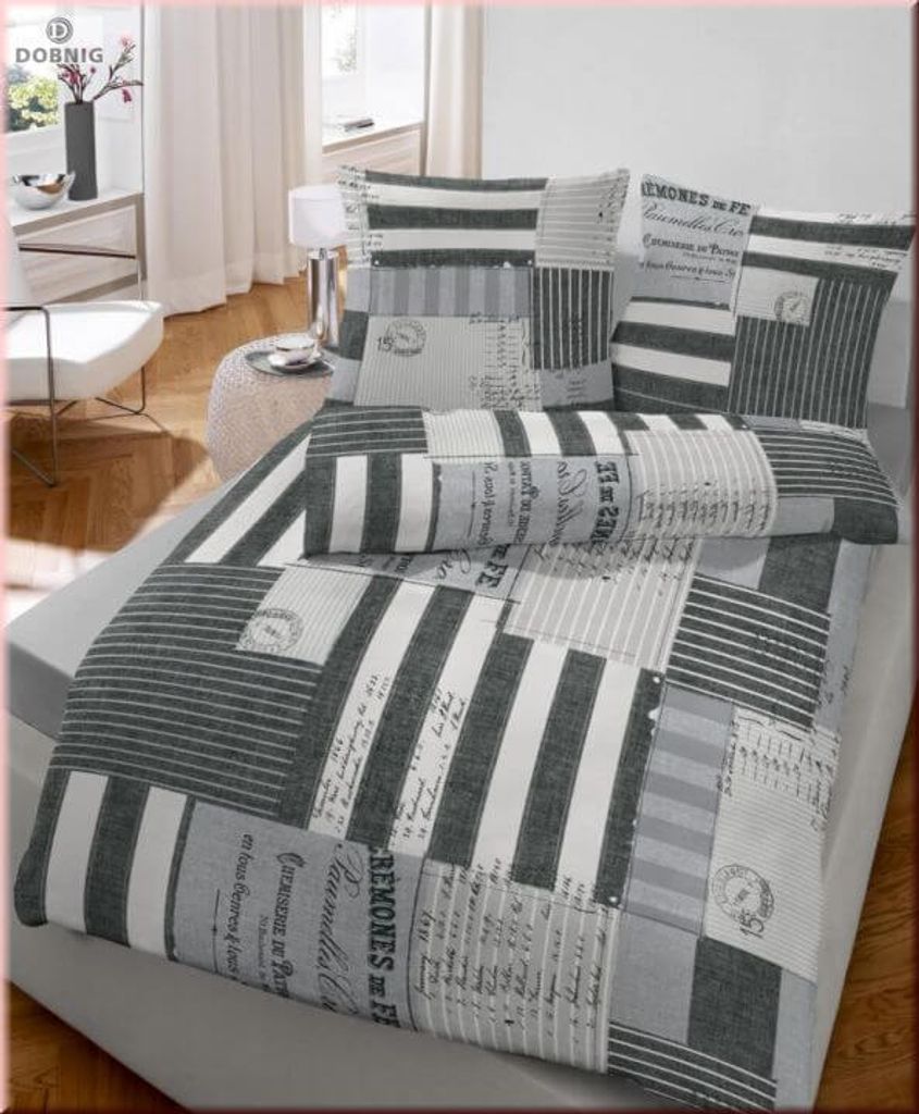 Soma Biber Bettwäsche 4 teilig Bettbezug 135 x 200 cm Kopfkissenbezug 80 x 80 cm Karo anthrazit