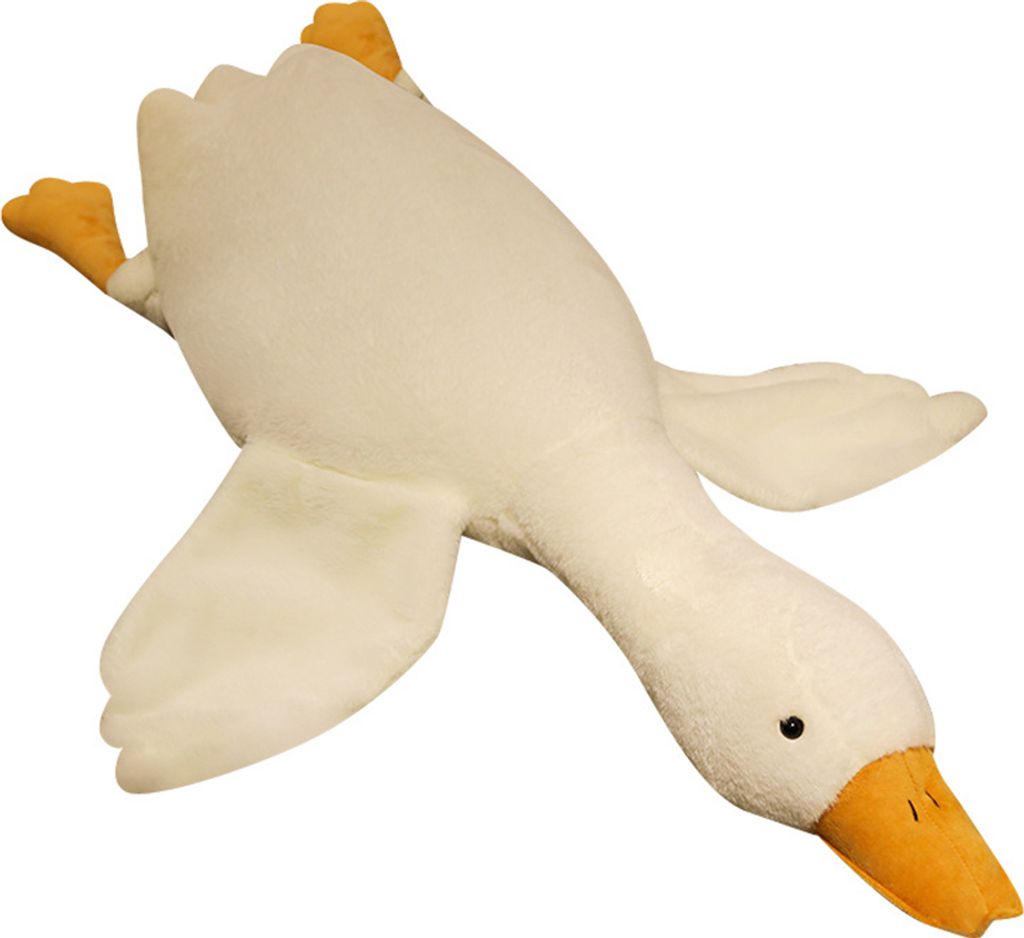 A white goose plush toy lying on a white background.