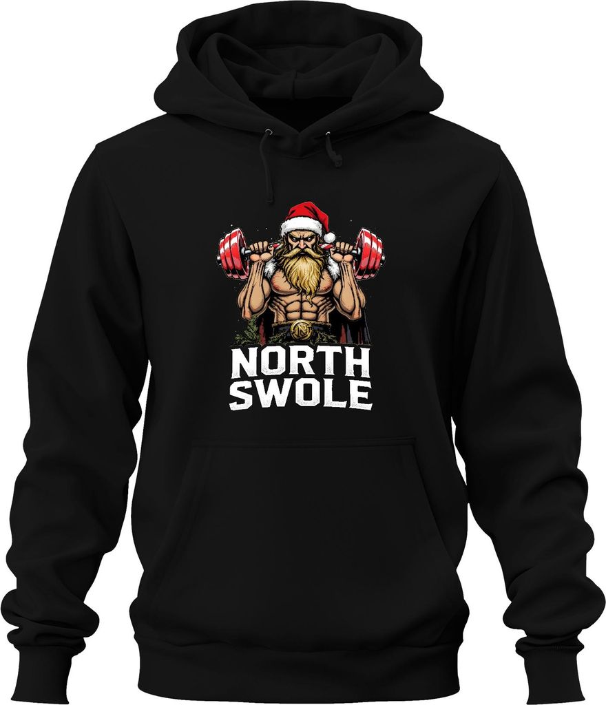 NORTH SWOLE Weihnachtsmann Fitness Gym Bodybuilding Geschenk Uni Hoodie Kapuzenpullover, Schwarz, S