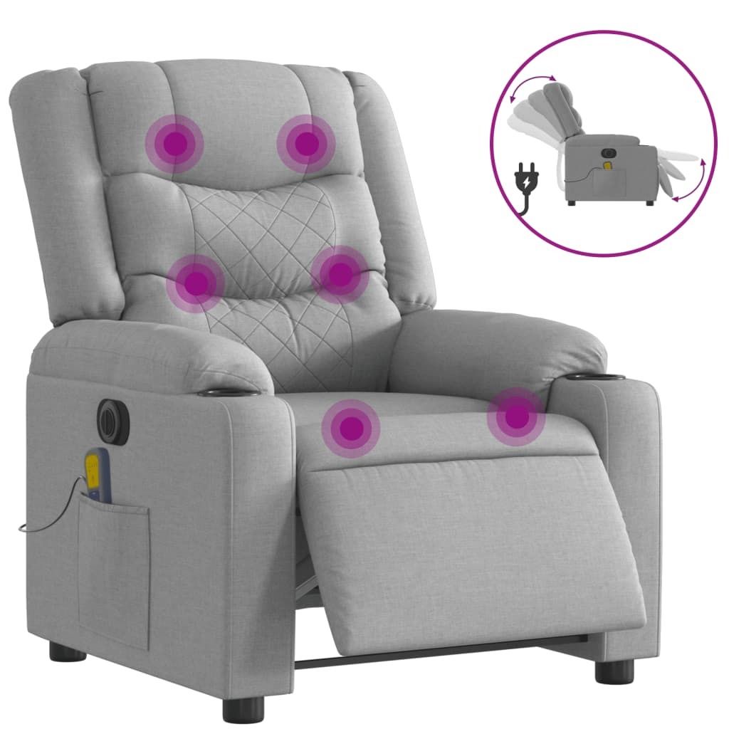 A light gray fabric massage chair with purple circles indicating massage points.