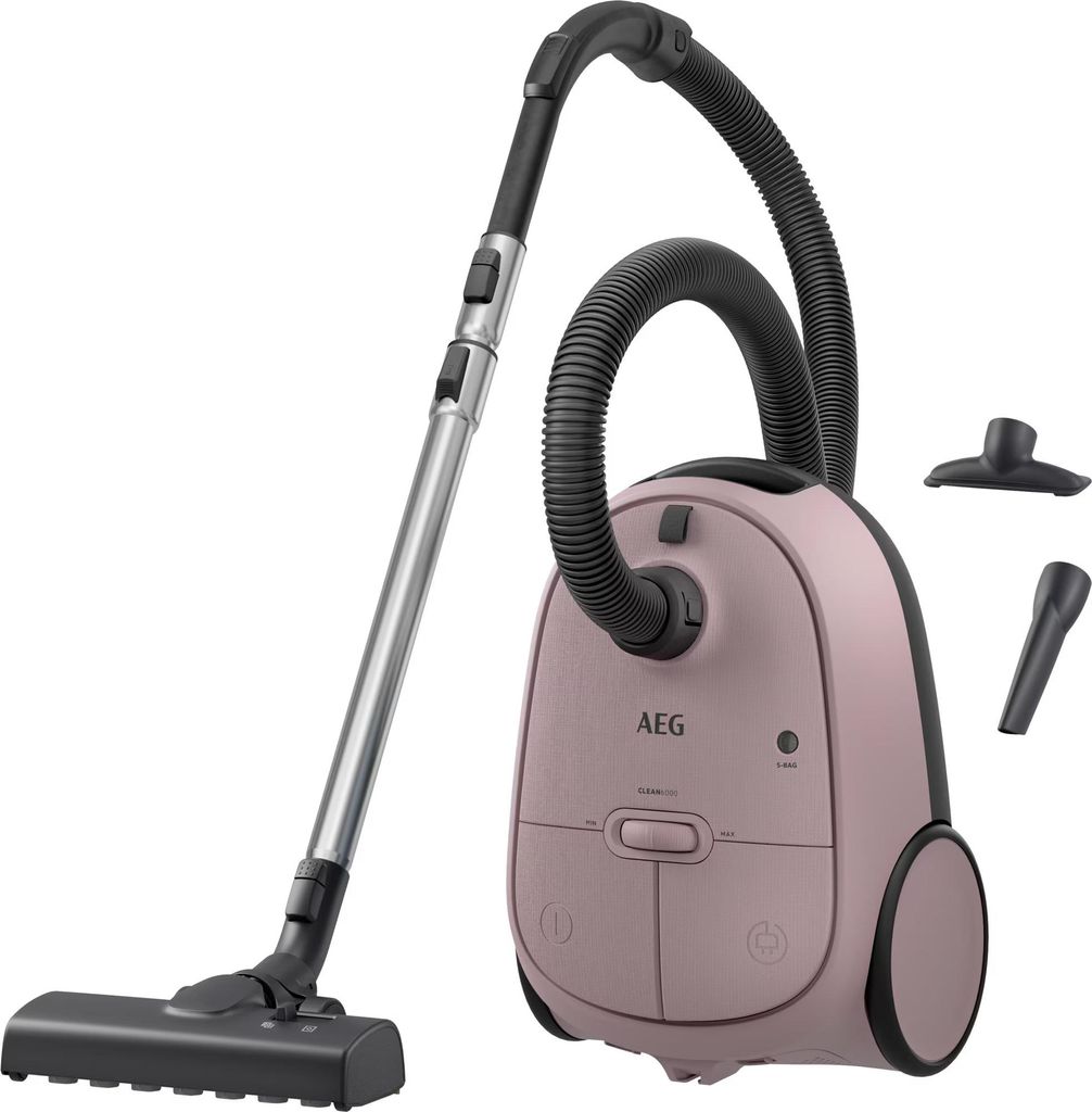 A pink AEG vacuum cleaner with its accessories displayed against a white background.