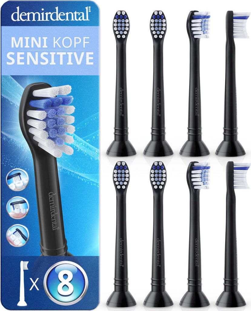 8er demirdental Mini Sensitive Aufsteckbürsten für Philips Sonicare | Schwarz