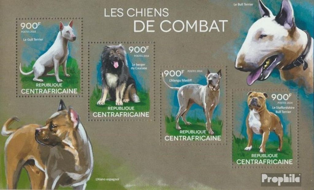Briefmarken Zentralafrikanische Republik 2014 Mi 5200-5203 Kleinbogen (kompl. Ausgabe) postfrisch Kampfhunde