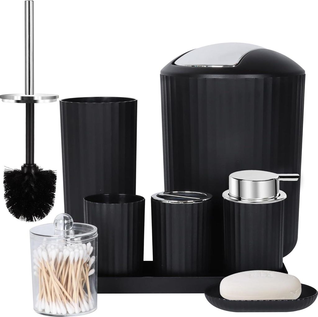 Badezimmerzubehör-Set komplett,8-teiliges Badezimmer-Zubehör-Set mit Mülleimer, Seifenspender,Seifenschale, Zahnbürstenhalter,Zahnbürstenbecher