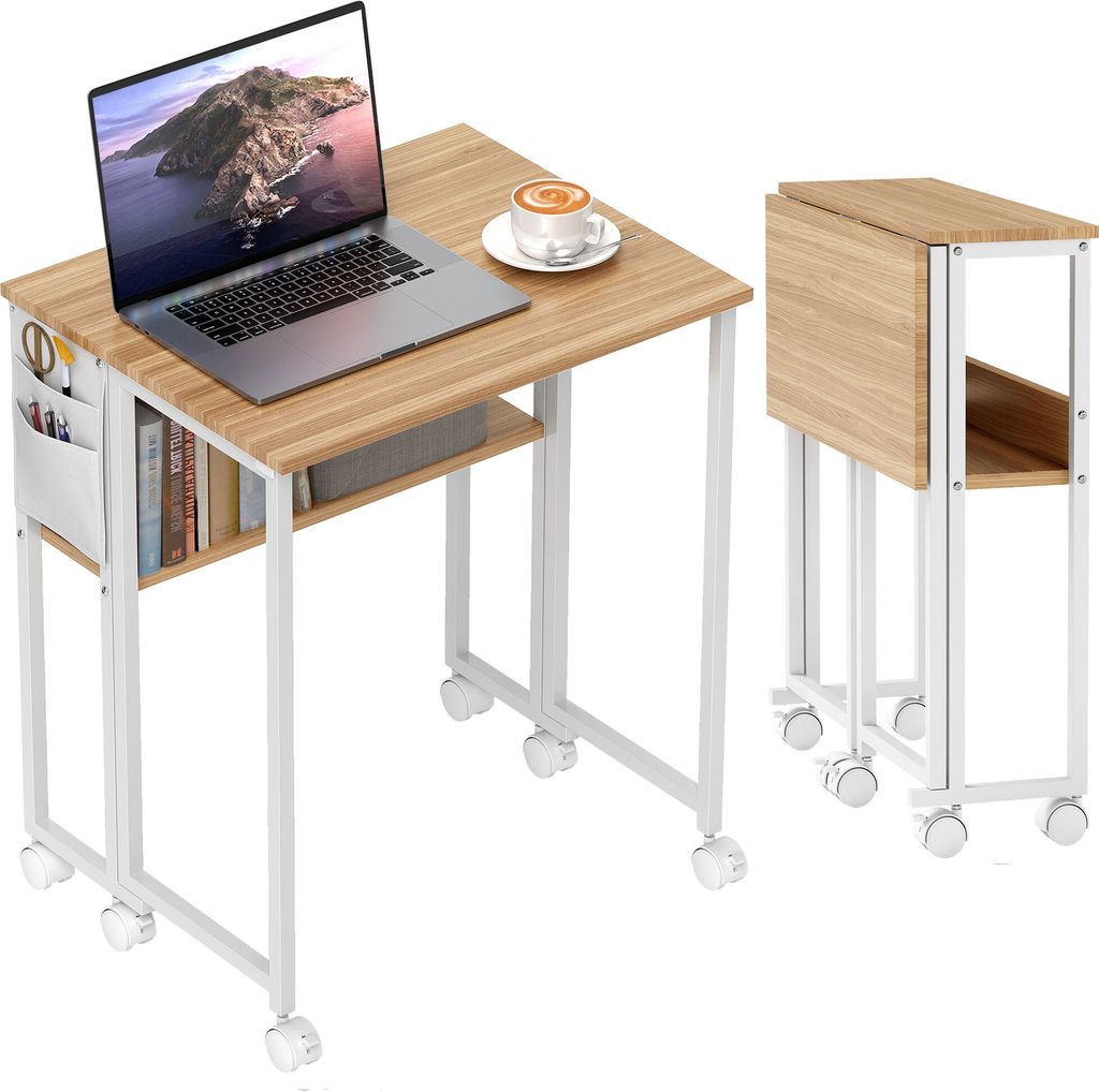 A small, foldable desk with a laptop, coffee cup, and books on it, shown next to its folded state.