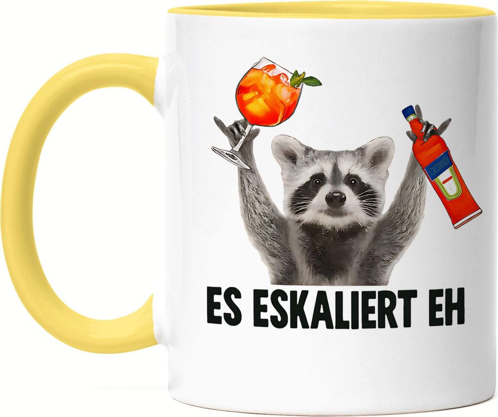 Es eskaliert eh Waschbär Tasse Gelb Lustige Party Kaffeetasse Aperol Spritz Geschenk WG Geburtstag Feier Festival Spaß
