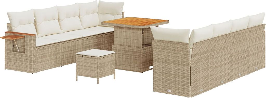 Möbel 11-teiliges Garten Sofa Set mit Kissen Beige Poly-Rattan Akazie, 3-teiliges Garten Esstisch Set mit Kissen Beige Poly-Rattan Akazie - Garten...