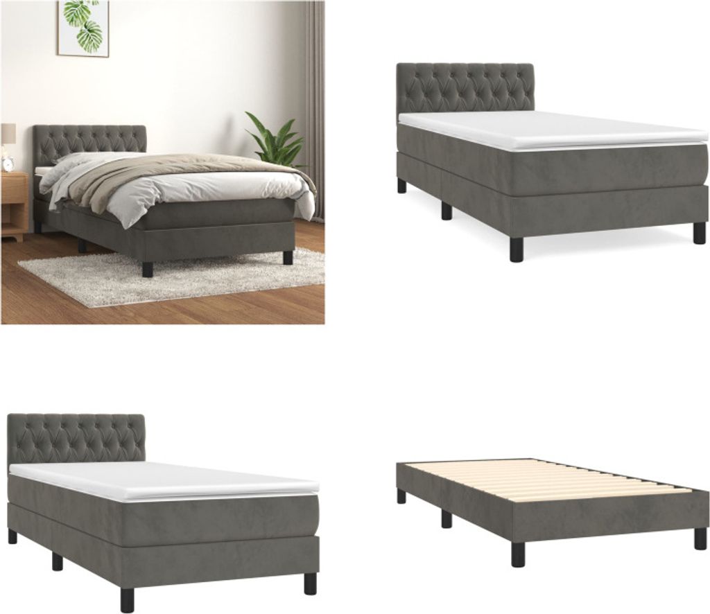 vidaXL Boxspringbett mit Matratze Dunkelgrau 100x200 cm Samt - Boxspringbett - Boxspringbetten - Bett - Schlafzimmermöbel