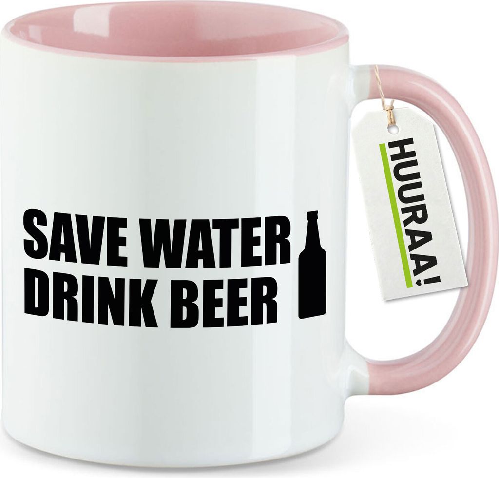 Huuraa Kaffeetasse Save Water Drink Beer Bierflasche 330ml Rosa Keramik Kaffeebecher Geschenkidee