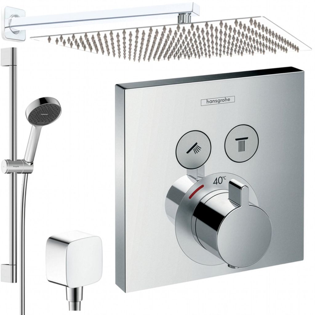 Hansgrohe und Jowi Unterputz Duschsystem ShowerSelect Thermostat Duscharmatur, mit 650mm Brausestange, 360mm Regendusche, OHNE iBox