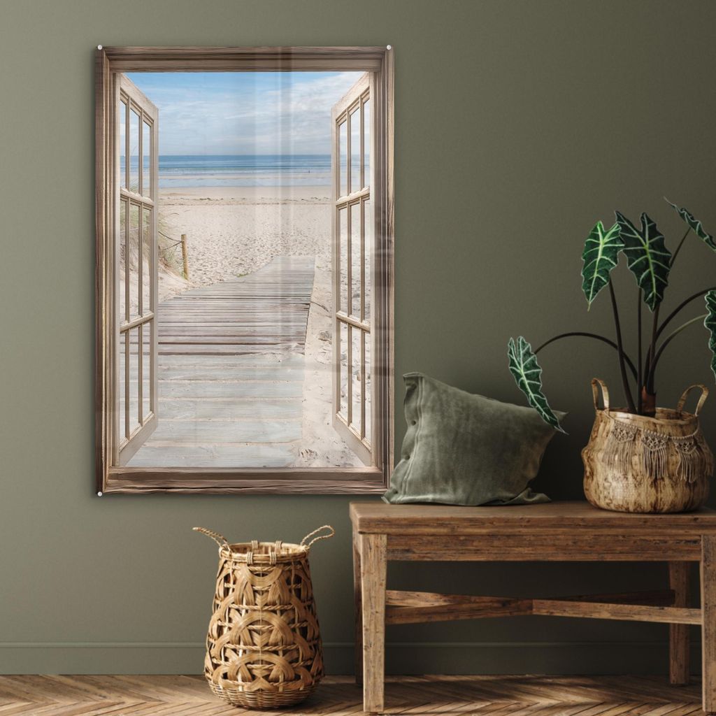 MuchoWow Glasbilder - Bilder auf Wandbild - Foto auf Glas Durchblick - Strand - Dünen - Weg - Landschaft 80x120 cm Wanddekoration aus Glas - Acryl...