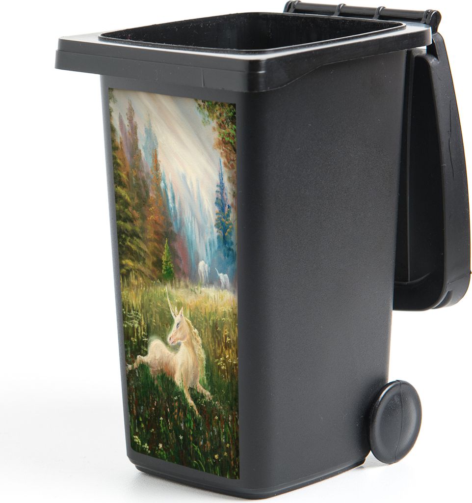 MuchoWow Mülltonnenaufkleber Eine Illustration eines Einhorns in einem Wald - Mädchen - Kinder - Kinder 44x98 cm - Containeraufkleber - Aufkleb...