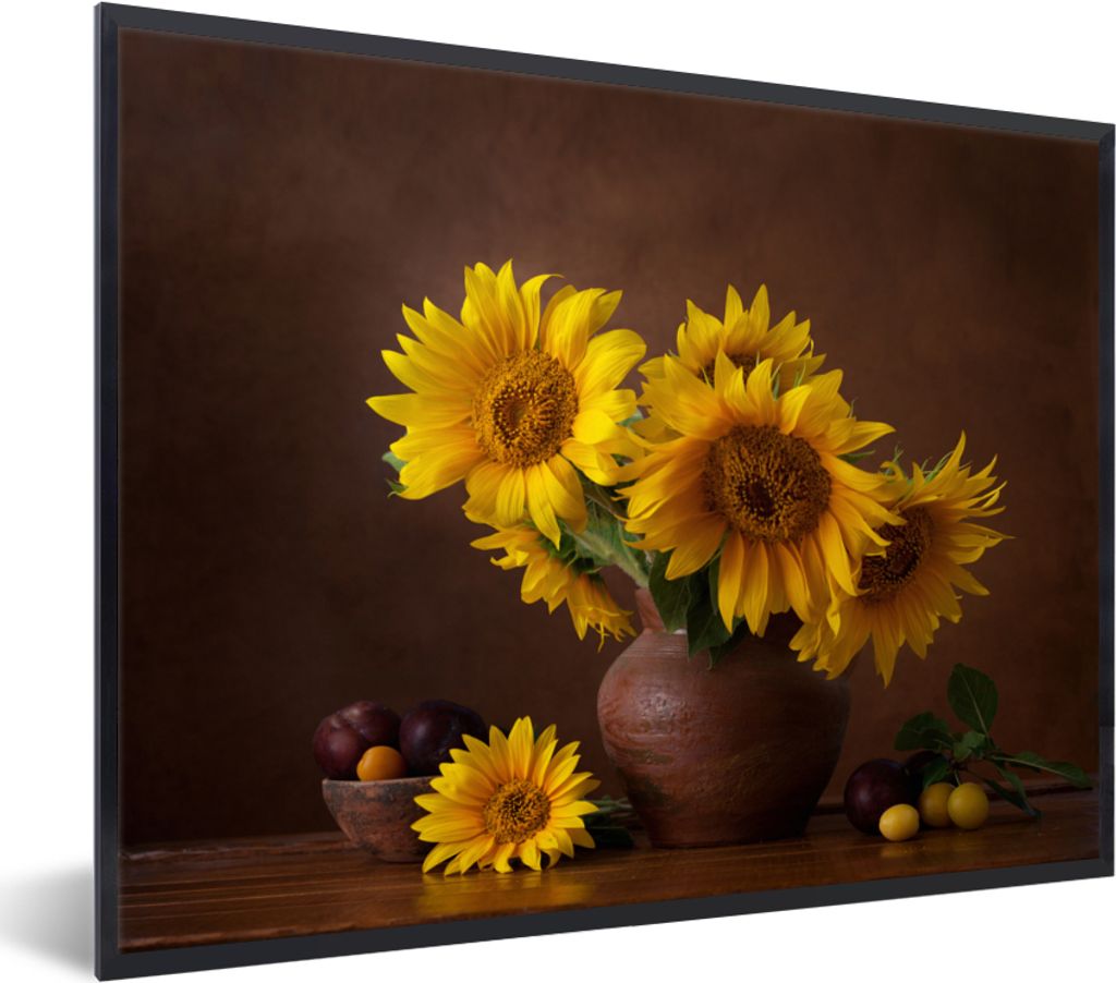 MuchoWow Gerahmtes Poster Sonnenblumen - Vase - Stilleben 80x60 cm - Poster mit Schwarzem Bilderrahmen Wandposter Rahmen Foto Bilder - Schwarzem ...