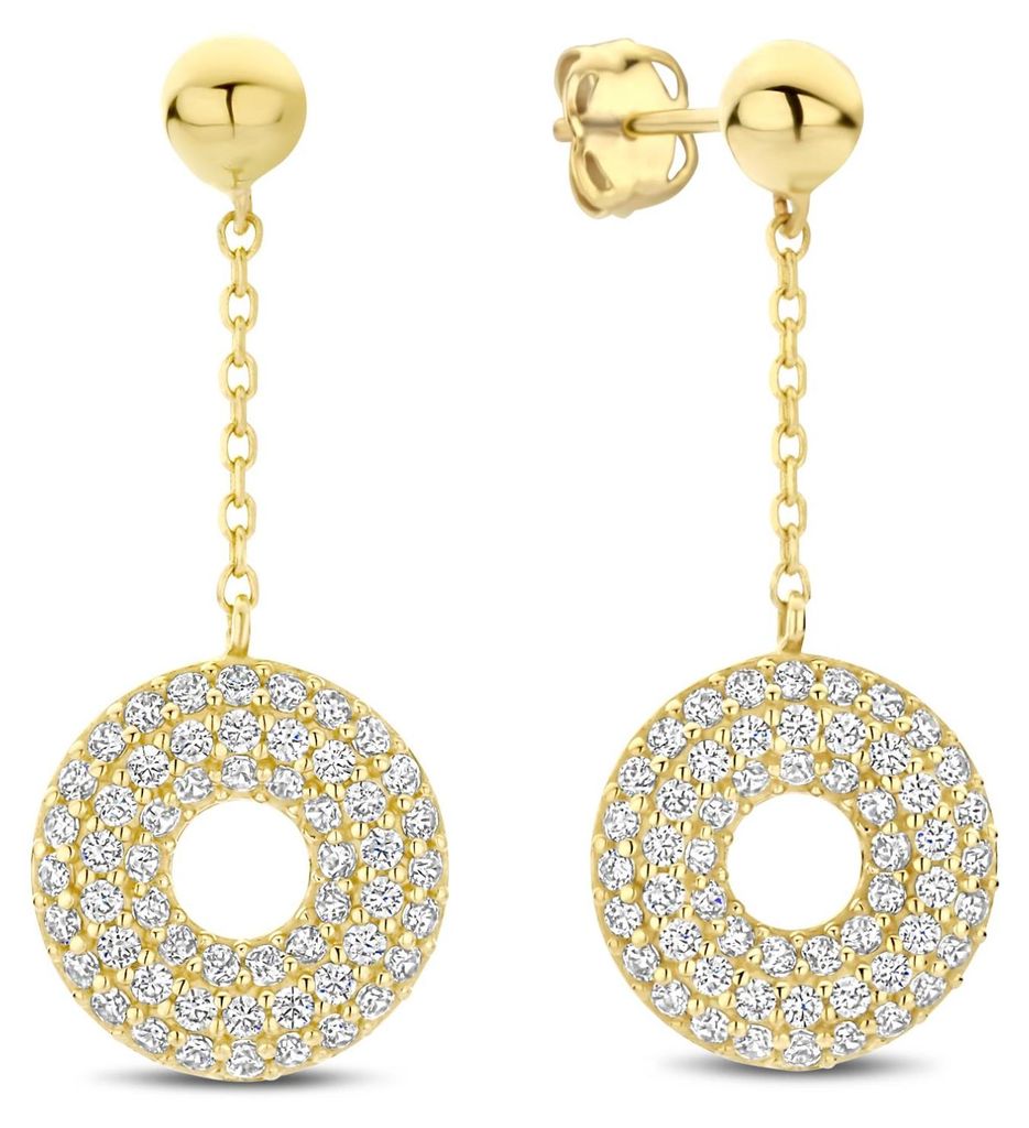 New Bling - 9NBG-0878 - 14K geelgouden Oorbellen – Bal met Ketting en Zirkonia – Dames Oorbellen