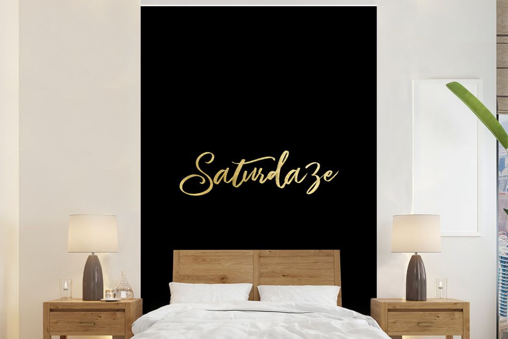 MuchoWow Fototapete für Wohnzimmer oder Schlafzimmer Wandtapete Vinyl Motivtapete Wochenende - Gold - Schwarz - 170x260 cm - Wohnzimmertapete