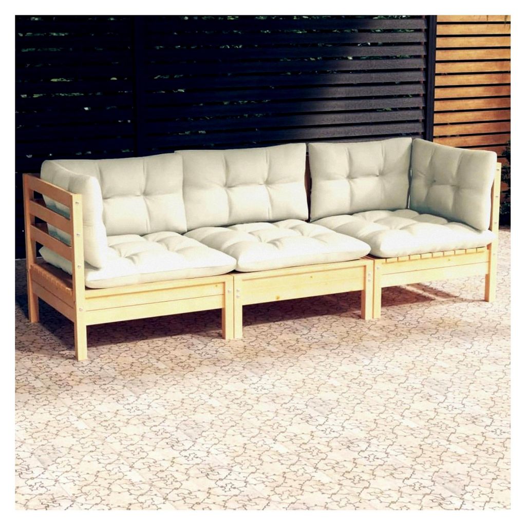 Gartensofa für 3 Personen mit cremefarbenen Kissen, Gartenlounge, Balkonmöbel, Gartenmöbel, Loungemöbel, Outdoor-Sofa, Kiefernholz