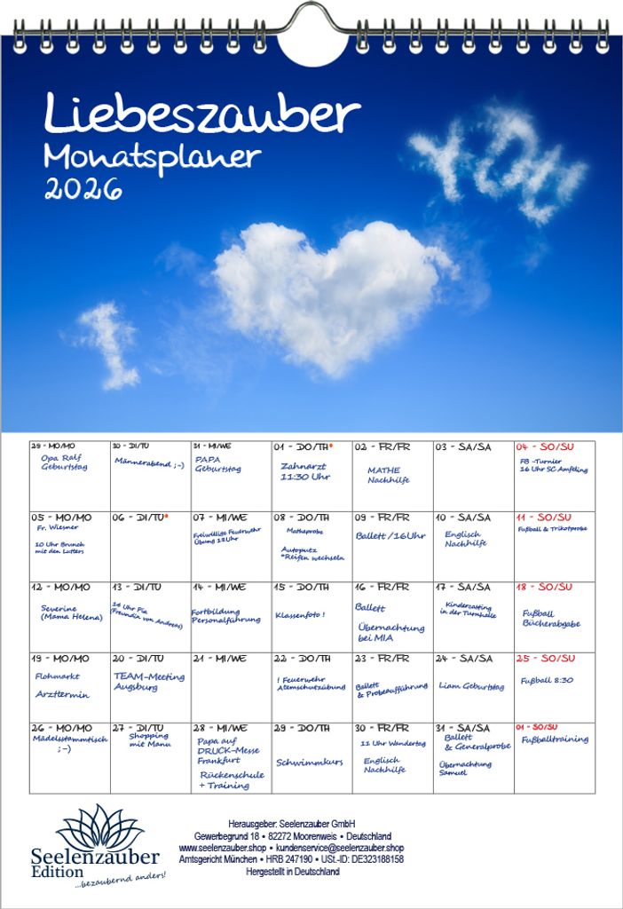 Liebeszauber Planer DIN A4 Kalender für 2026 Liebe - Seelenzauber