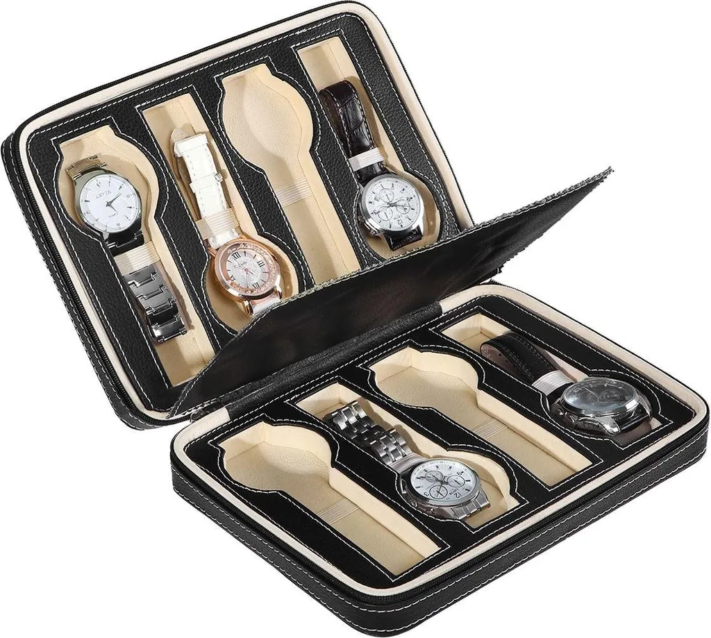 Boîte pour 8 montres en cuir PU aspect carbone avec surpiqûres blanches