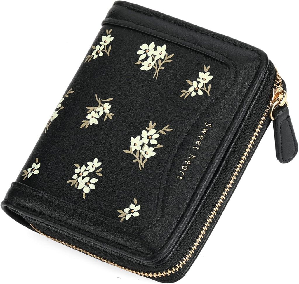 Geldbörse Damen Klein, Portemonnaie mit Blumenmuster, Zweifalt Geldbeutel Leder mit Großkapazitive Tasche mit Reißverschluss für Täglichen Geb...
