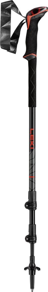 A single black and red hiking pole against a white background.