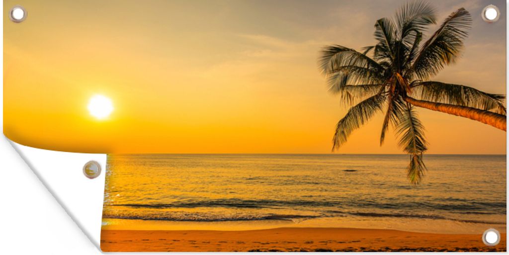 MuchoWow 80x40 cm Outdoor-Poster Gartendeko Sichtschutz Garten Poster für den Garten Palme - Strand - Sonnenuntergang - Meer