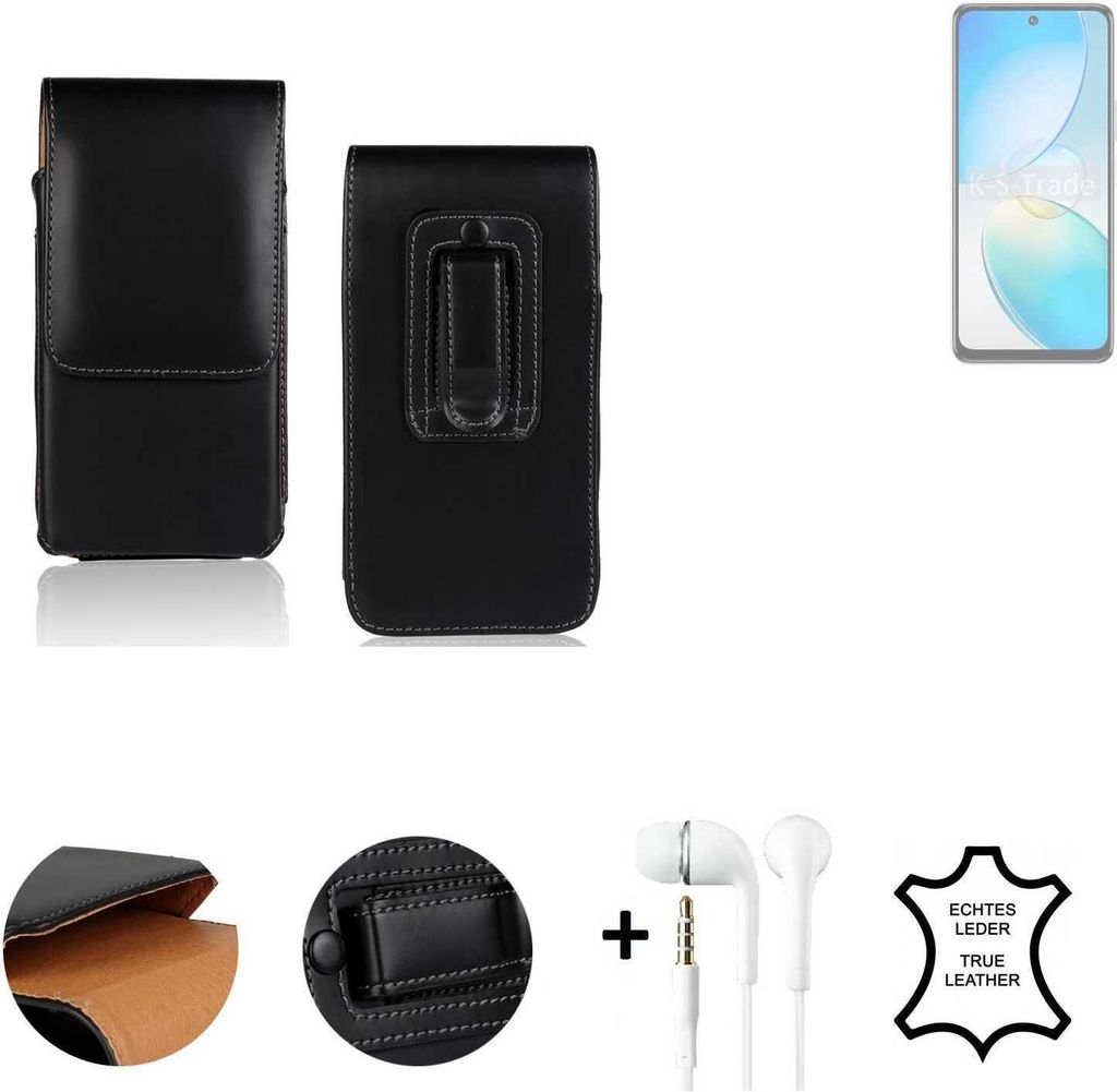 K-S-Trade Leder Gürteltasche + Kopfhörer kompatibel mit Infinix Hot 12 Seitentasche Belt pouch Holster Handyhülle Schutz Hülle Etui schwarz 1x
