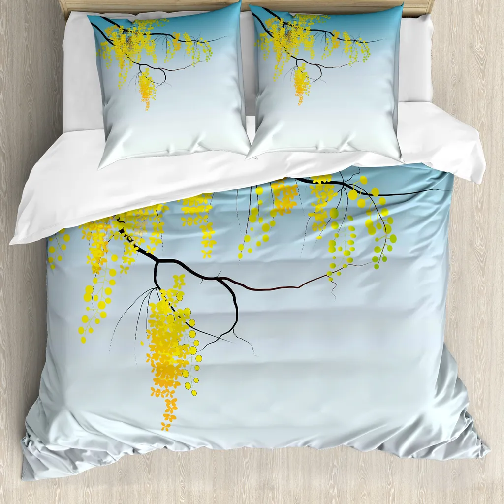 ABAKUHAUS Copripiumino con fiori, opera d'arte Flower Bud Blossom, antiacaro, adatto a chi soffre di allergie, con federe, 155 cm x 220 cm - 80 x 80 cm, giallo marrone blu