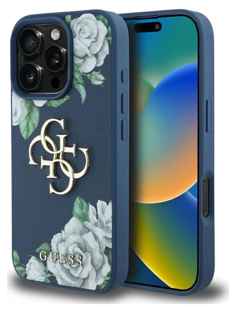 Guess Grained Roses 4G Etui für iPhone 16 Pro Blau