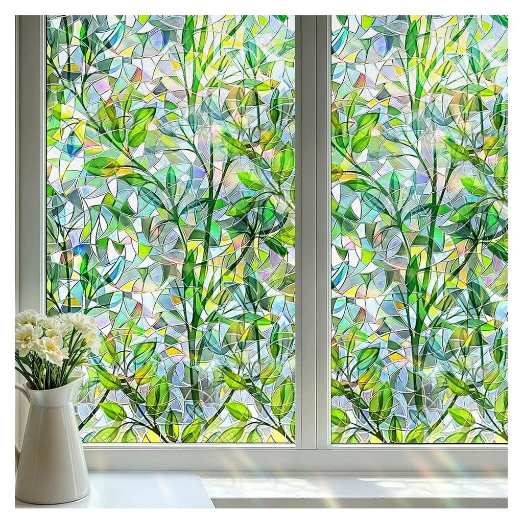 Bunte Fensterfolie Blickdicht mit Grünem Blättermuster Elektrostatisch Nicht Klebend UV-beständig Sichtschutzfolie für Zuhause und Büro 90 x 2...