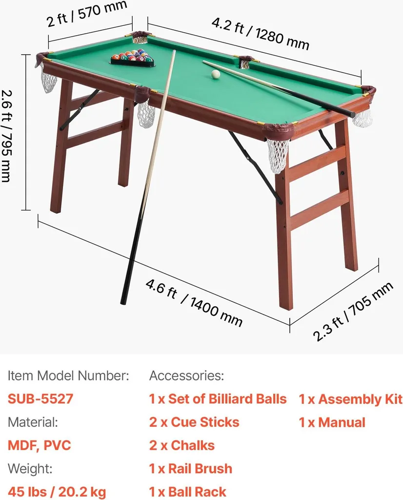Table de Billard Portable 140 cm avec Tapis Vert/Marron et Kit Complet