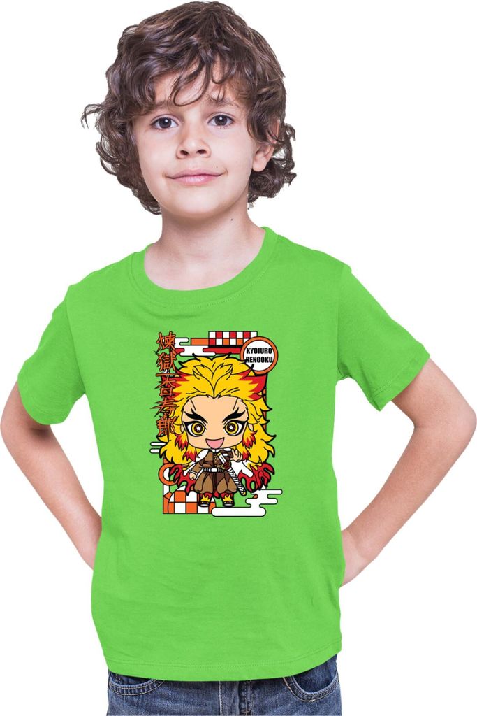 Kinder T-Shirt Demon Anime Slayer Kimetsu No Yaiba Chibi Kyojuro Rengoku, 3-4 Jahr - 104 / Lime