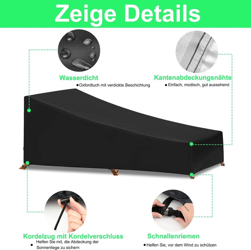 2er Set Gartenliege Abdeckung 200x70x40/75cm – Schutzhülle Aus 210D Oxford Für Sonnenliegen, Deckchair & Co.