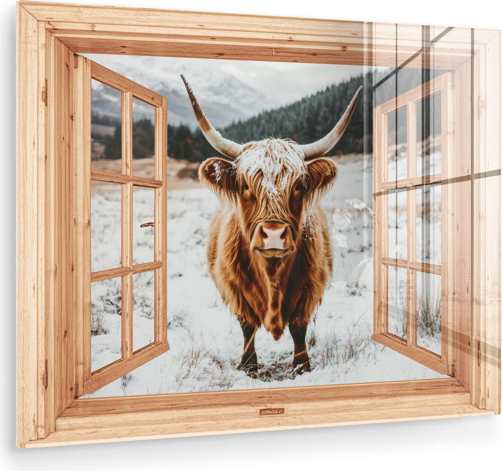 MuchoWow Glasbilder - Bilder auf Wandbild - Foto auf Glas Schottische Hochlandrind - Landschaft - Ländlich - Berge - Winter - Ansichten 80x60 cm W...