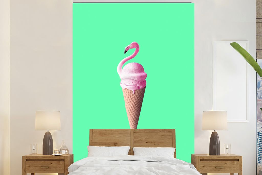 MuchoWow Fototapete für Wohnzimmer oder Schlafzimmer Wandtapete Vinyl Motivtapete Eistüten - Eiscreme - Flamingo - Rosa - Grün - 180x280 cm - ...