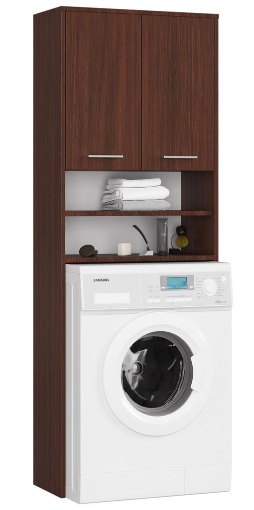 Badschrank – Badezimmerschrank – Badmöbel Schrank – FIN – 64 cm – Dunkelbraun – Waschmaschinenüberbau mit Türen und offenen Fächern