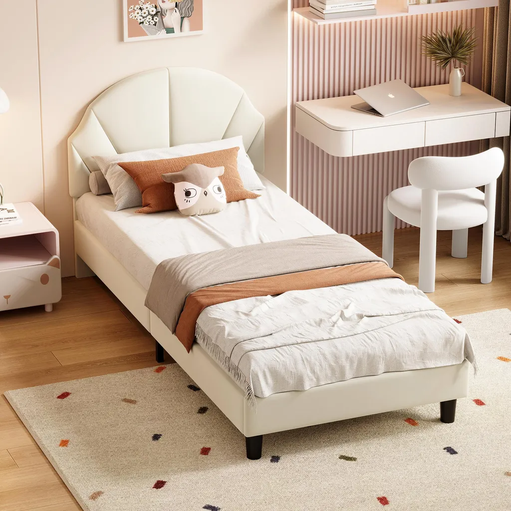 Lit simple velours beige 90x190 tête de lit haute - UnboxG confort