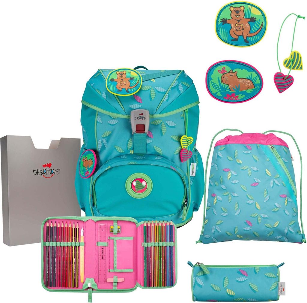 A collection of school supplies including a backpack, pencil case, and other accessories, all featuring a leaf pattern and animal motifs.