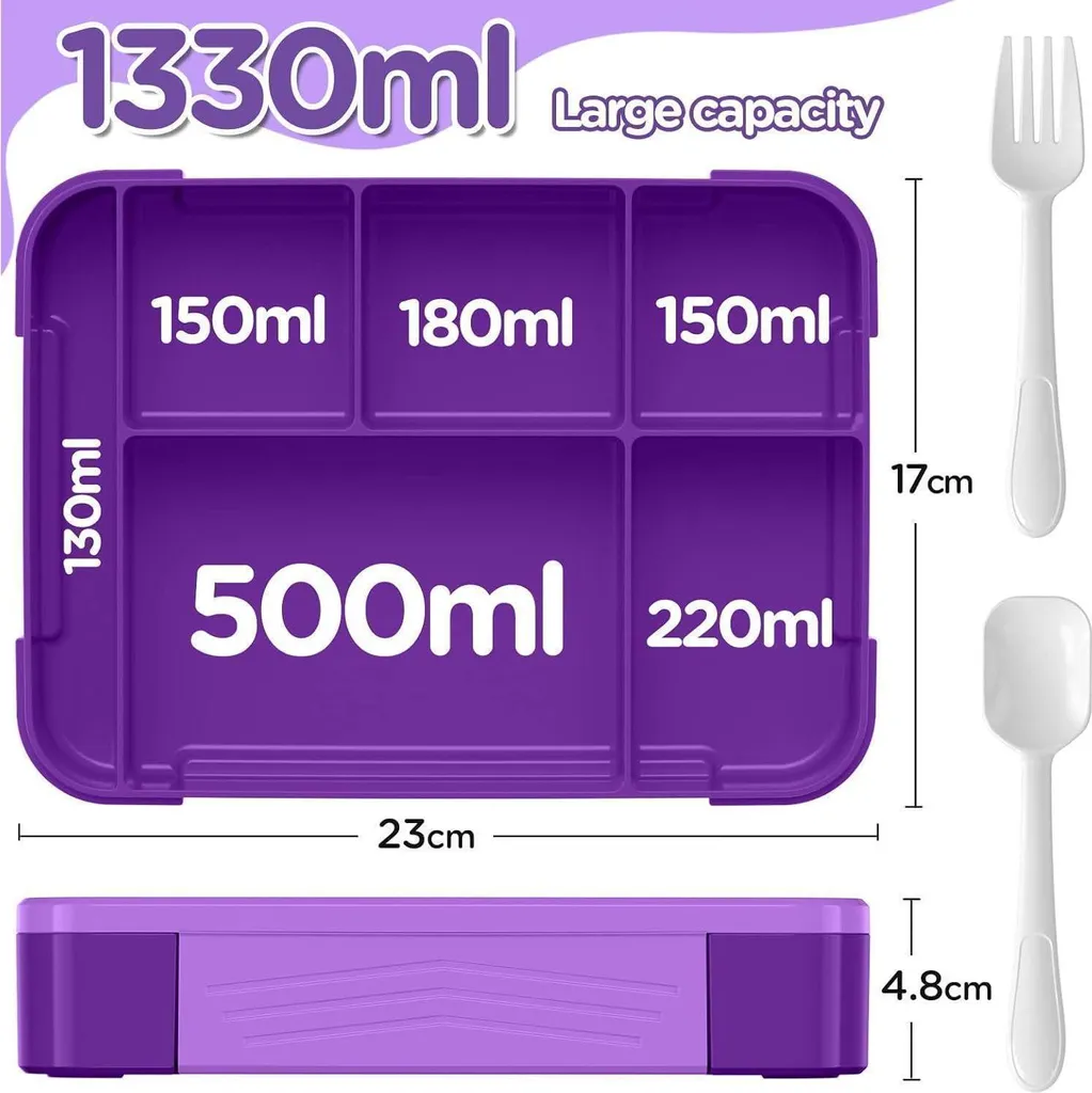 Bugucat Set 2 Contenitori Per Pranzo Bambini 1330ml: 6 Scomparti A Prova Di Perdite Con Posate E Vaschette Salsa, Per Scuola E Picnic