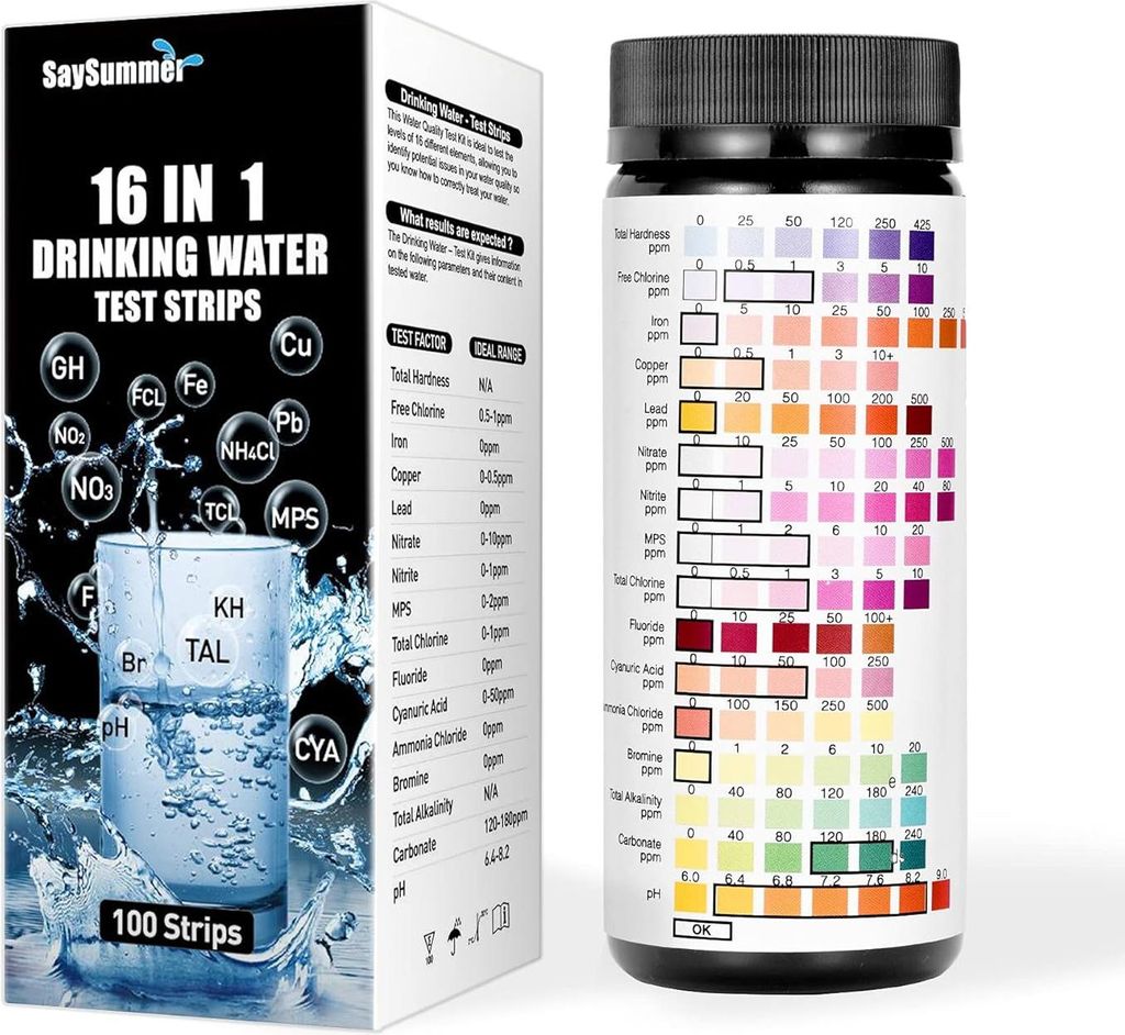 16-in-1-Wassertester, Wasserhärte, 100 Teststreifen für Leitungswasser, Wassertest-Set für Blei, pH-Wert, Kupfer, Eisen, Nitrat, Chlor und mehr ...