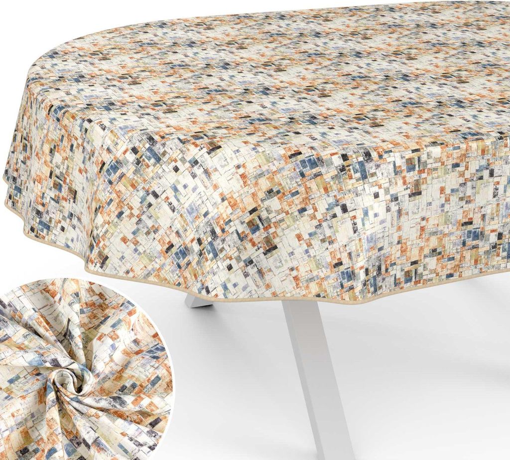 Tischdecke Holzmosaik aus Textil mit Exclusiven Motiven wasserabweisend Tischtuch Tischwäsche Aquarell Bunt Oval Breite 140cm Länge 180cm mit Pas...