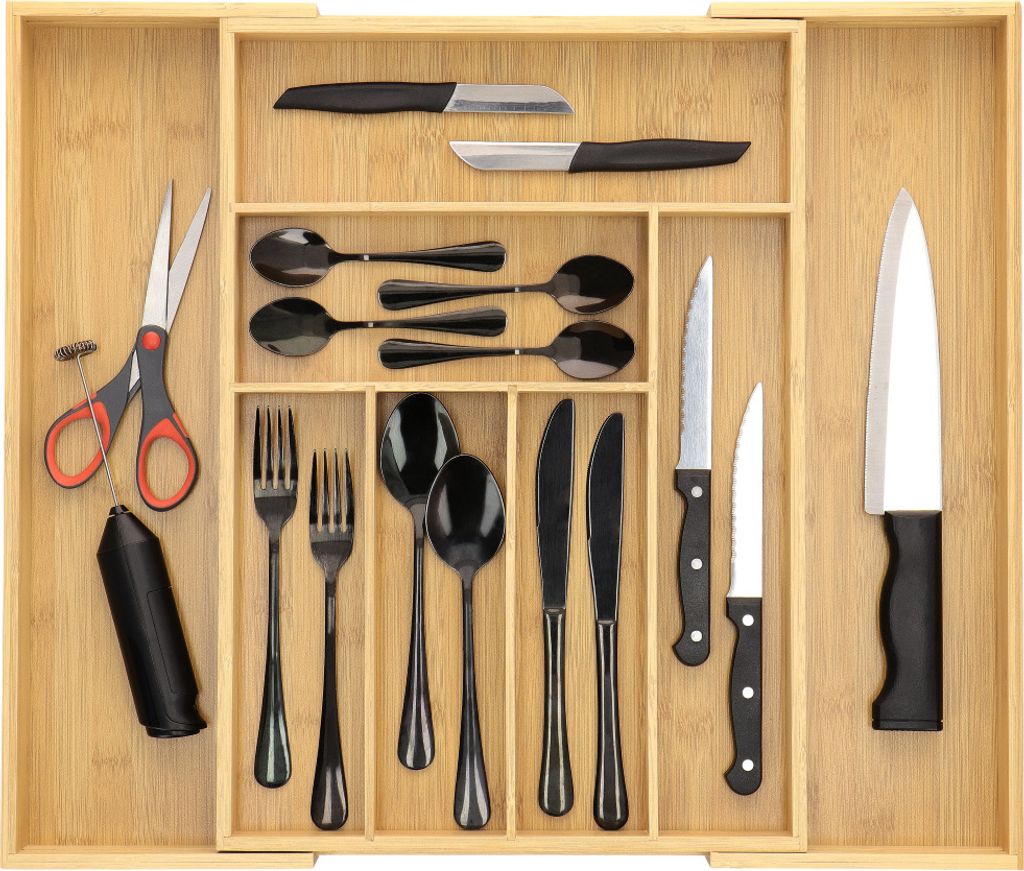 Besteckkasten für Schubladen ausziehbar mit 7 bis 9 Fächern aus Bambus Holz, großer Schubladeneinsatz als Organizer in der Küche, Besteckeinsat...