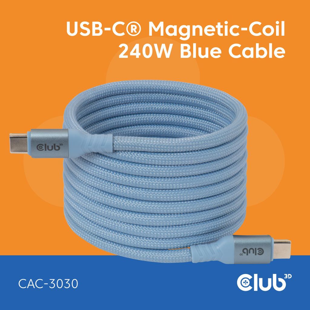 Club3d CLUB3D USB-C Magnetic-Coil 240W PD3.1 Blue Cable 2m / 6.56ft Schnellladung