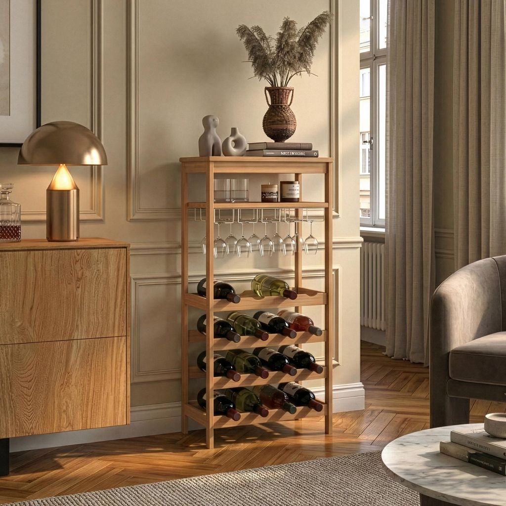 Weinregal 'Fillby' 100 x 47 x 29 cm mit Glashaltern 1 offenes Fach 4 Ebenen für 16 Flaschen Bambus Natur