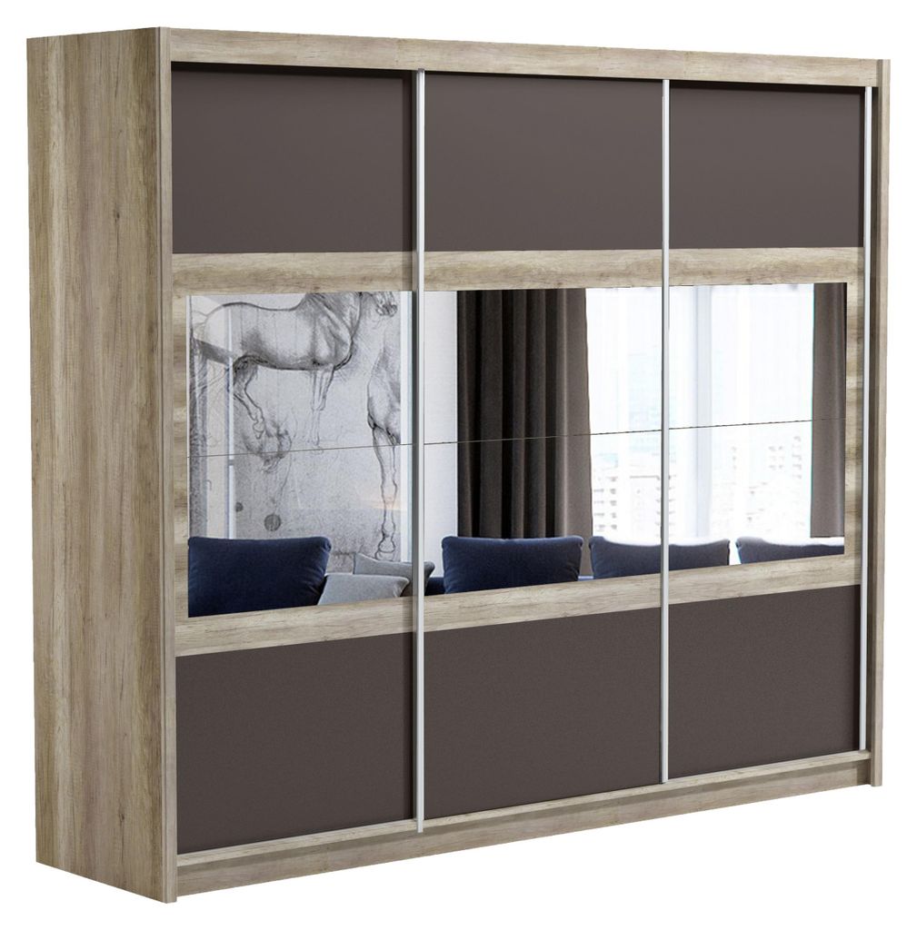 Masseno Schiebetürenschrank POPPY 250/215/61 cm 3-türig mit Spiegel Eichefarben