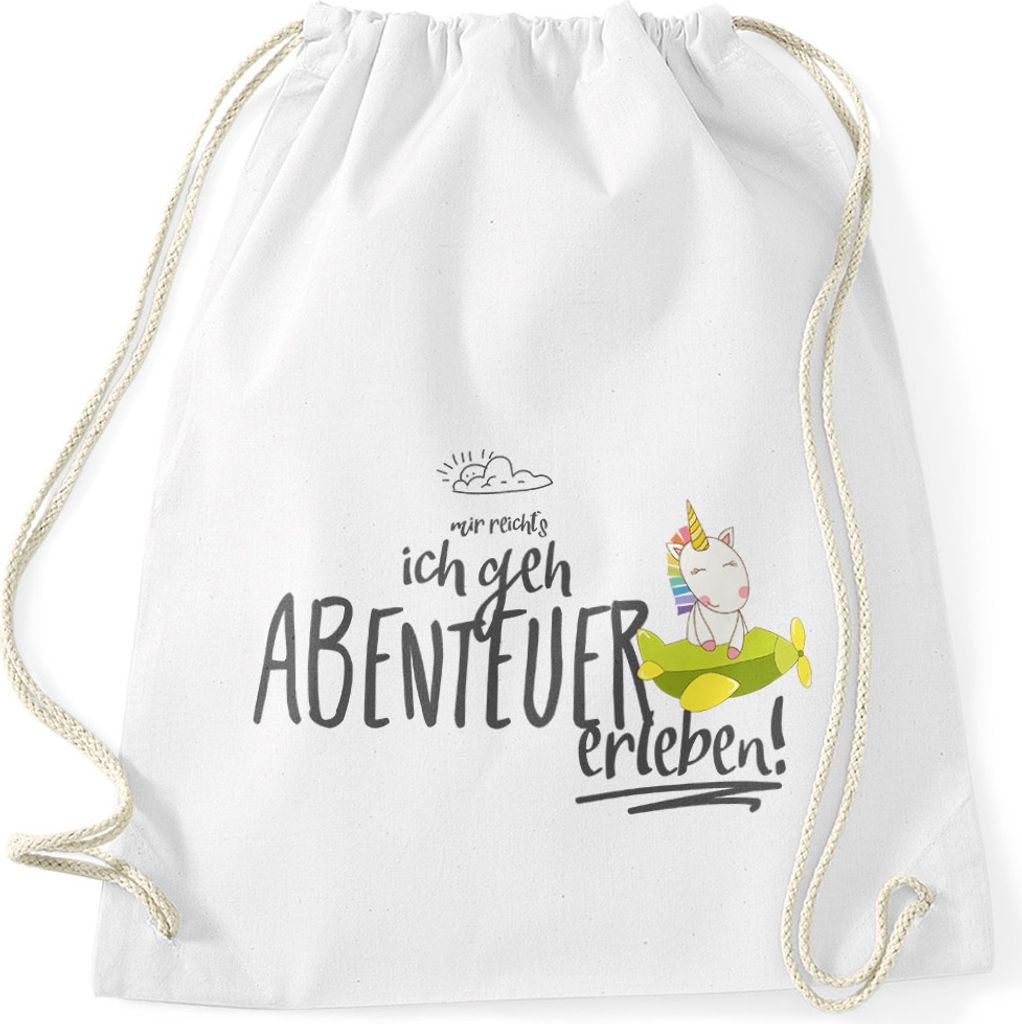 Turnbeutel Einhorn Mir reichts ich geh Abenteuer erleben Spruch Gymsac Unicorn Gymbag Moonworks weiß unisize