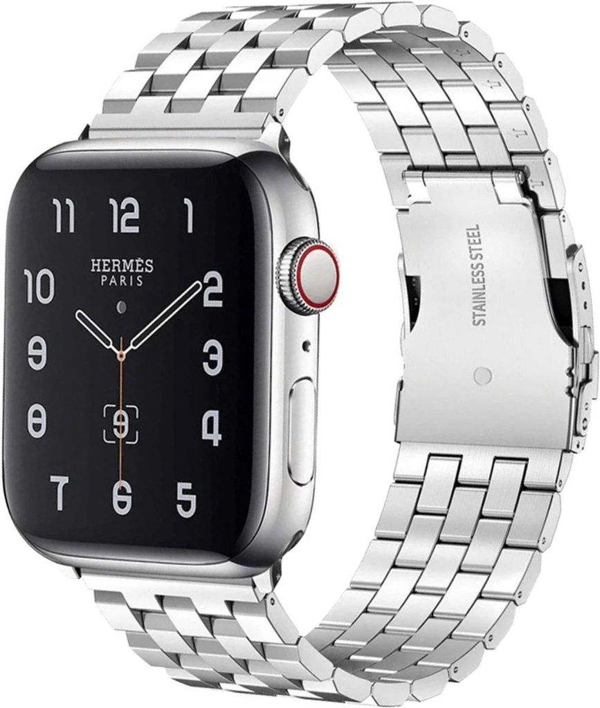 FFO2World Tank Edelstahl-Armband mit Sicherheitsverschluss für Apple Watch 46/45/44/42/49 mm, Serie 1–11 & Ultra, Silber